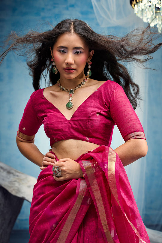 Uma Rani Pink Pure Munga Silk Handloom Weaving Organza Pallu Ready to Wear Saree