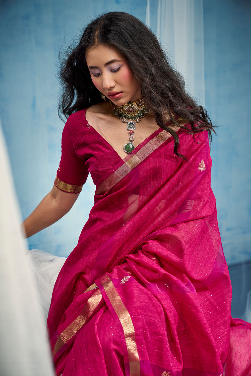 Uma Rani Pink Pure Munga Silk Handloom Weaving Organza Pallu Ready to Wear Saree
