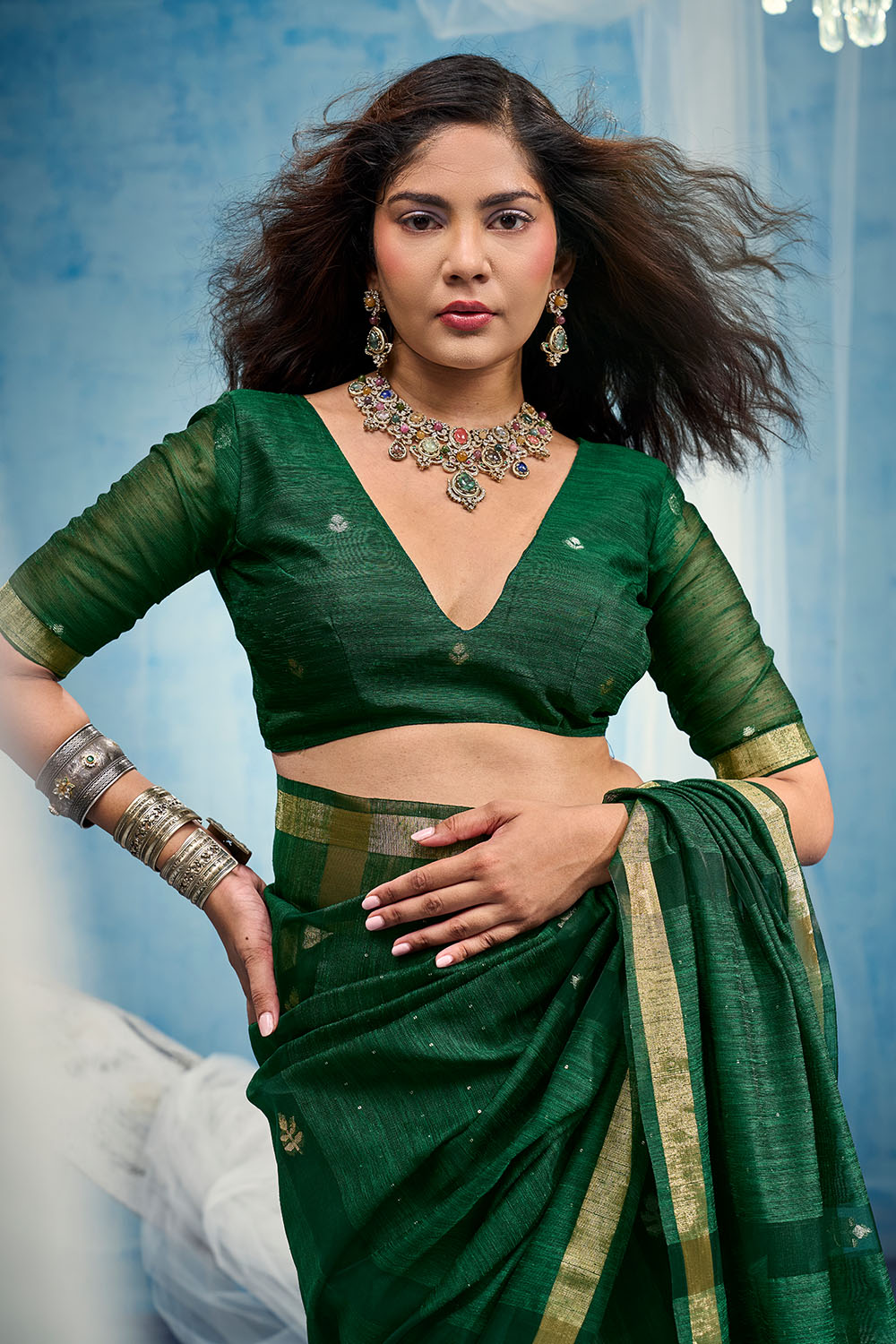 Uma Bottle Green Pure Munga Silk Handloom Weaving Organza Pallu Ready to Wear Saree