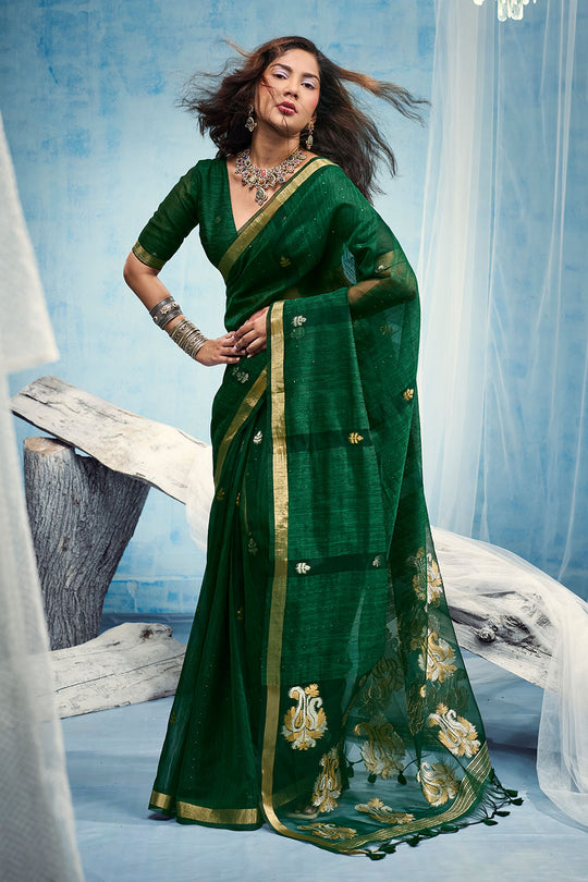 Uma Bottle Green Pure Munga Silk Handloom Weaving Organza Pallu Ready to Wear Saree