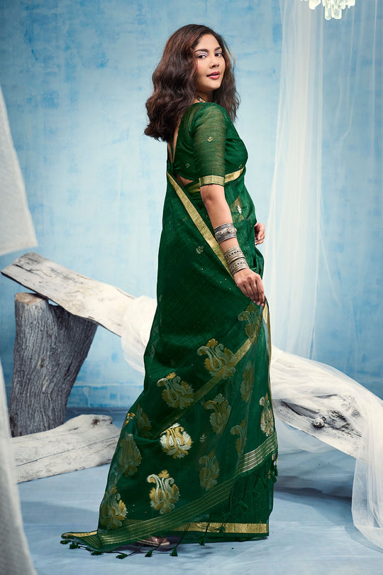 Uma Bottle Green Pure Munga Silk Handloom Weaving Organza Pallu Ready to Wear Saree