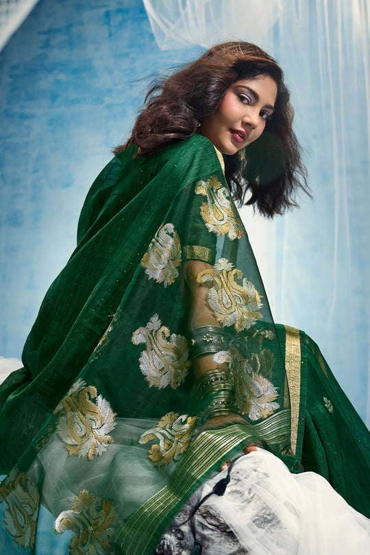Uma Bottle Green Pure Munga Silk Handloom Weaving Organza Pallu Ready to Wear Saree
