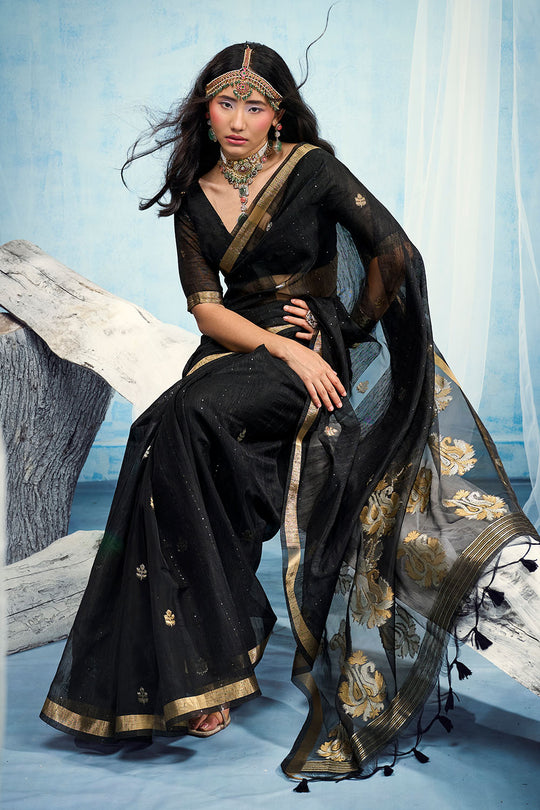 Uma Black Pure Munga Silk Handloom Weaving Organza Pallu Ready to Wear Saree