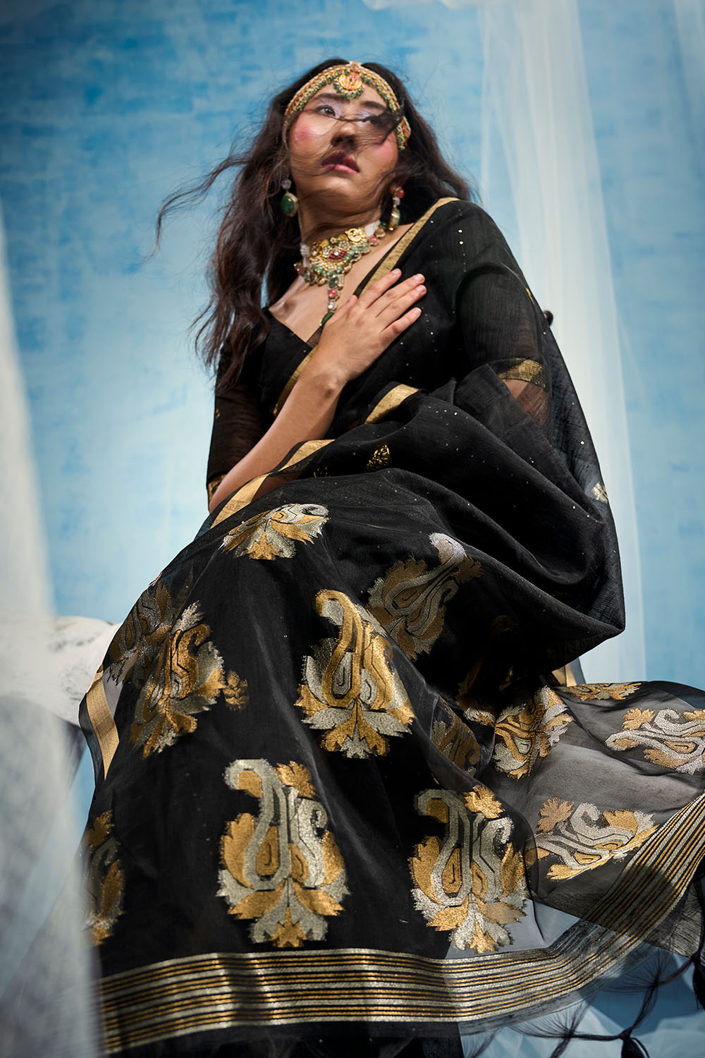 Uma Black Pure Munga Silk Handloom Weaving Organza Pallu Ready to Wear Saree