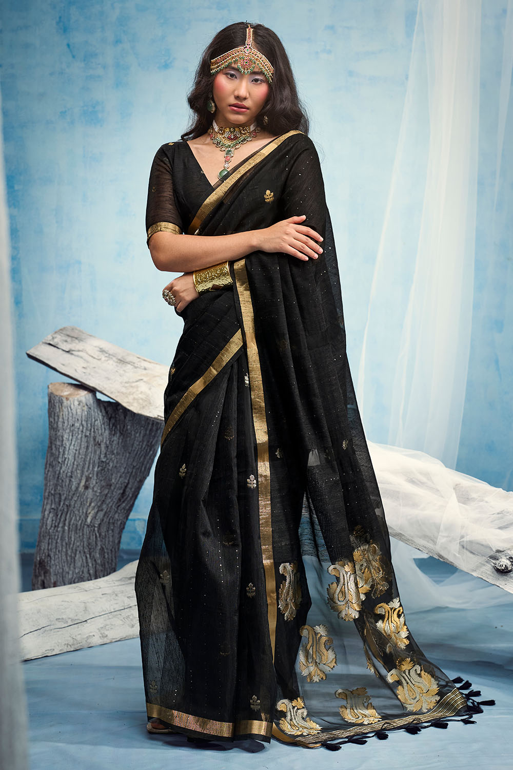 Uma Black Pure Munga Silk Handloom Weaving Organza Pallu Ready to Wear Saree