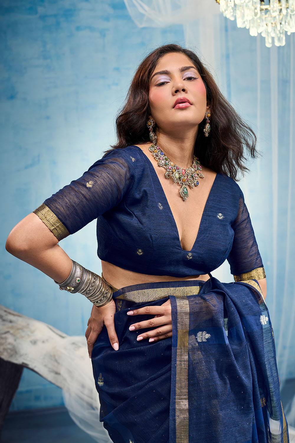 Uma Navy Blue Pure Munga Silk Handloom Weaving Organza Pallu Ready to Wear Saree