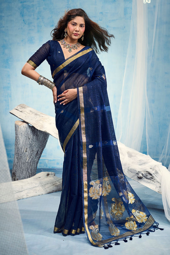 Uma Navy Blue Pure Munga Silk Handloom Weaving Organza Pallu Ready to Wear Saree
