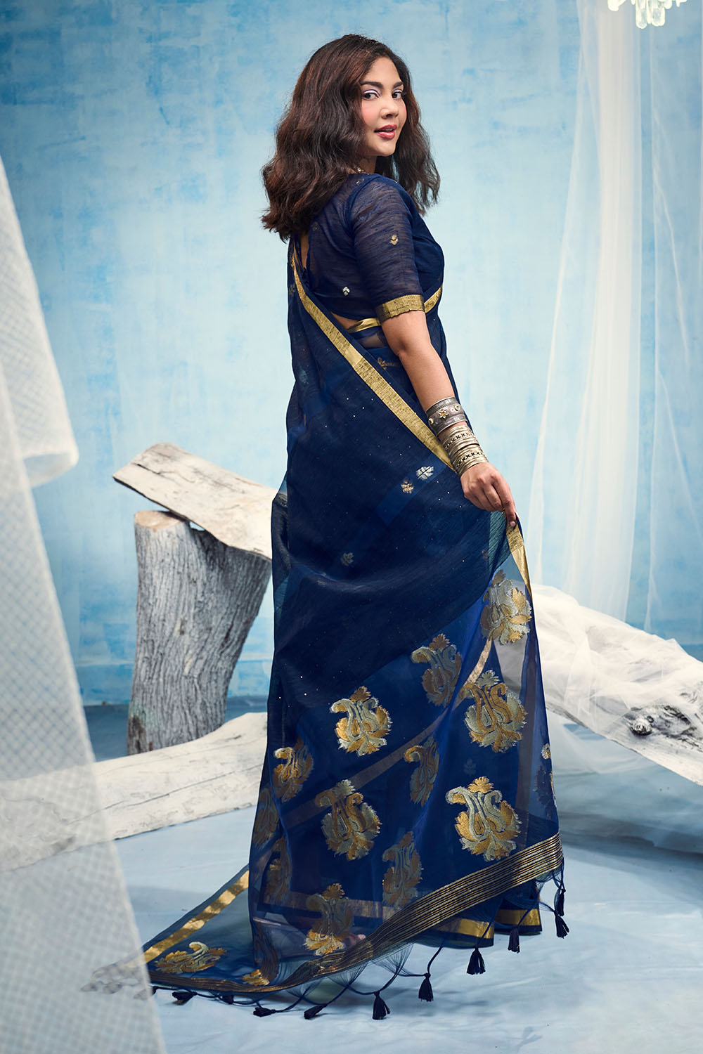 Uma Navy Blue Pure Munga Silk Handloom Weaving Organza Pallu Ready to Wear Saree