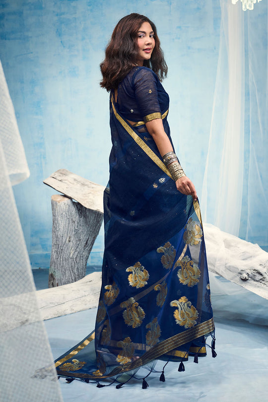 Uma Navy Blue Pure Munga Silk Handloom Weaving Organza Pallu Ready to Wear Saree