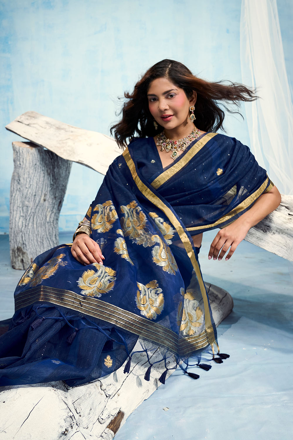Uma Navy Blue Pure Munga Silk Handloom Weaving Organza Pallu Ready to Wear Saree