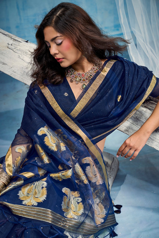Uma Navy Blue Pure Munga Silk Handloom Weaving Organza Pallu Ready to Wear Saree