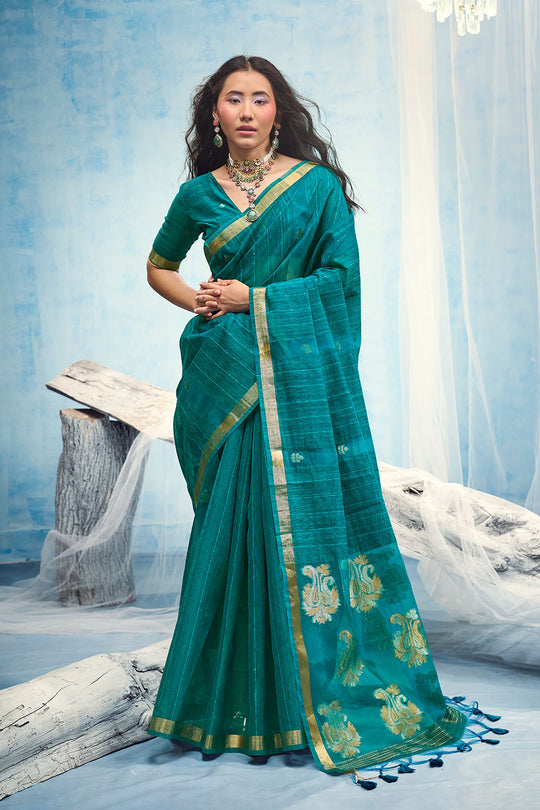 Uma Teal Blue Pure Munga Silk Handloom Weaving Organza Pallu Ready to Wear Saree