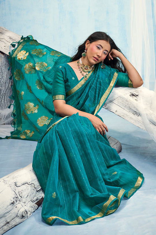 Uma Teal Blue Pure Munga Silk Handloom Weaving Organza Pallu Ready to Wear Saree