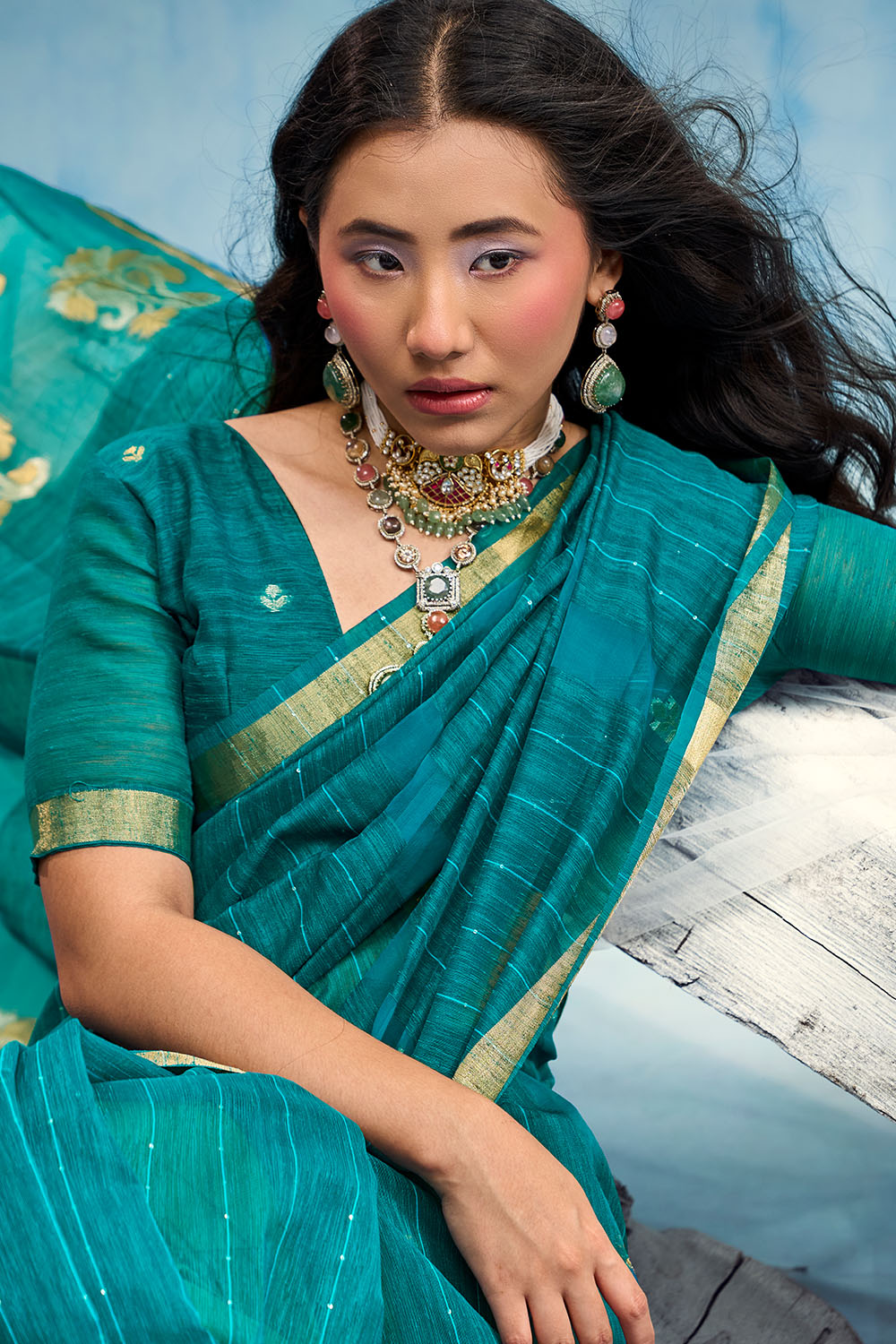 Uma Teal Blue Pure Munga Silk Handloom Weaving Organza Pallu Ready to Wear Saree