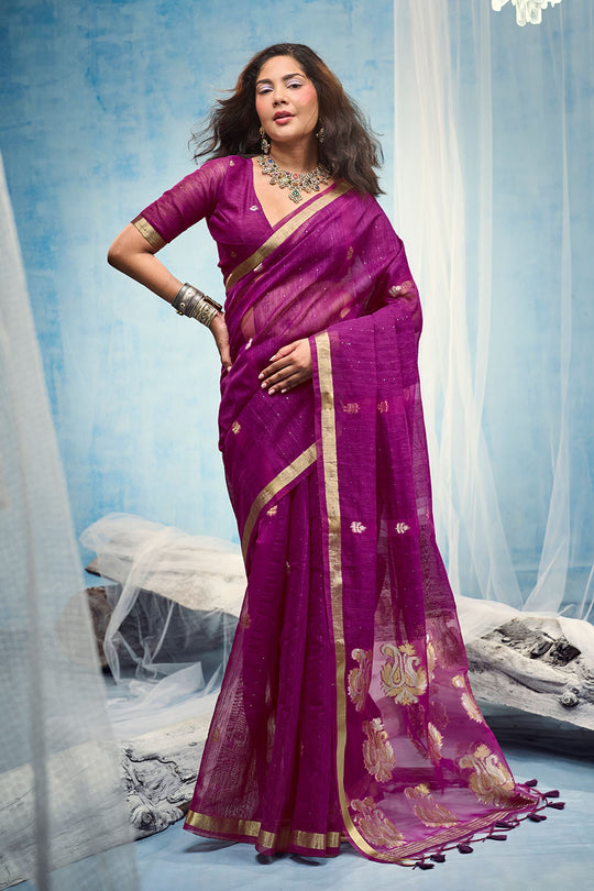 Uma Magenta Pure Munga Silk Handloom Weaving Organza Pallu Ready to Wear Saree