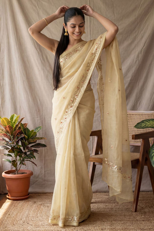 Rudra Yellow Cotton Gota Patti Embellished Ready to Wear Saree