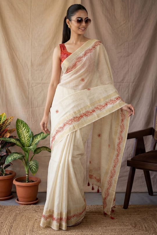 Tiana Cream Silk Gota Patti Embellished Ready to Wear Saree