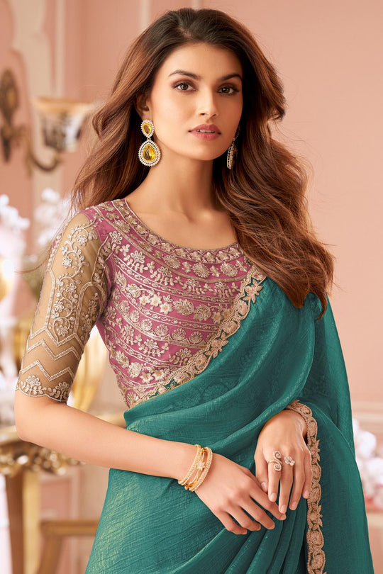 Miranda Teal Green Georgette Designer Border Ready to Wear Saree