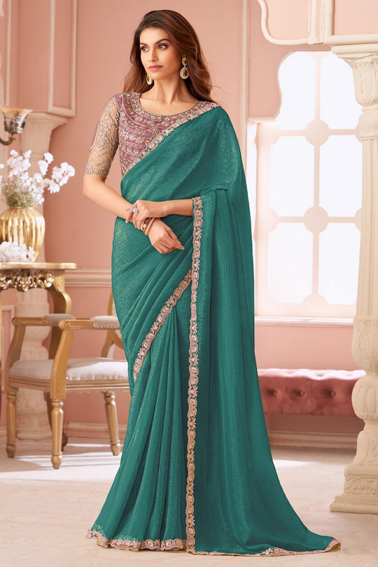 Miranda Teal Green Georgette Designer Border Ready to Wear Saree