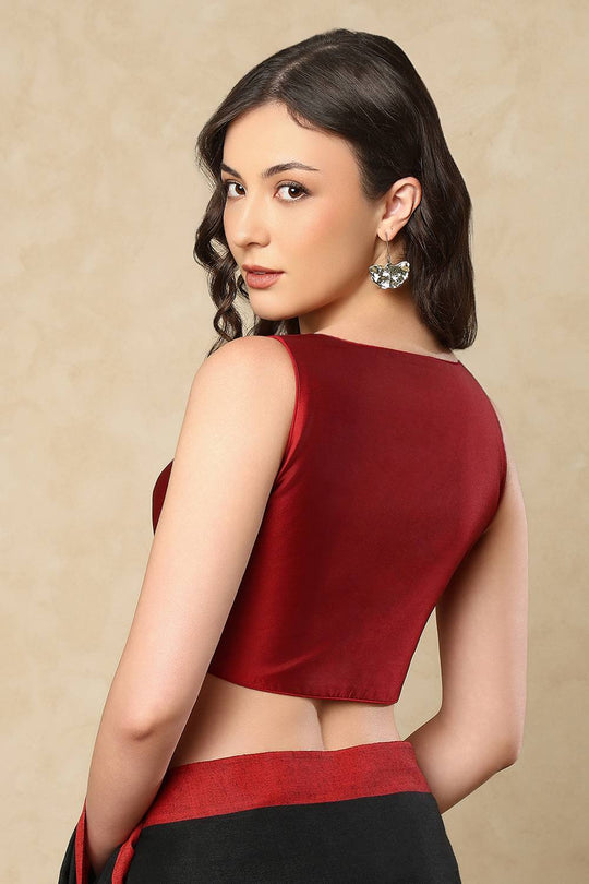 Misha Maroon Solid Taffeta Plunging Sweetheart Neck Blouse
