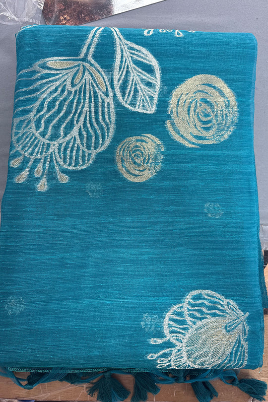 Samara Teal Blue Woven Soft Silk with Floral Motif Work Ready to Wear Saree
