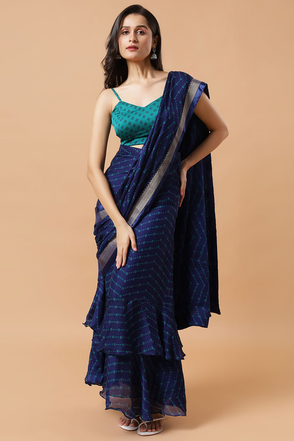 Betty Blue Crepe Printed Designer Skirt Ready to Wear Saree

