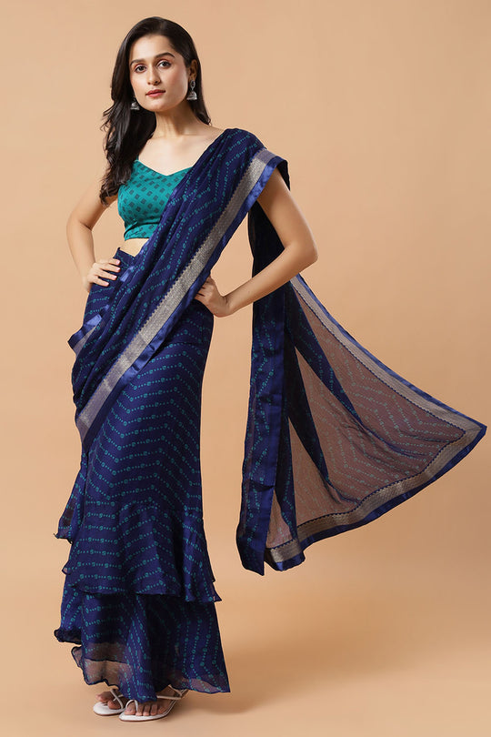 Betty Blue Crepe Printed Designer Skirt Ready to Wear Saree

