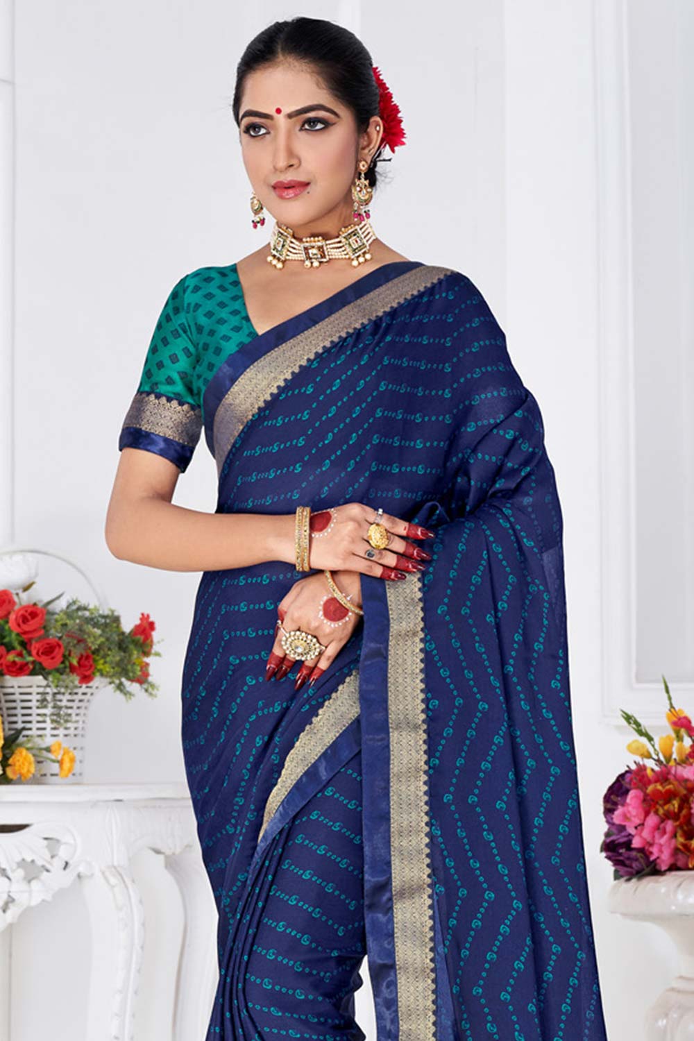 Betty Blue Chiffon Printed Designer One Minute  Saree