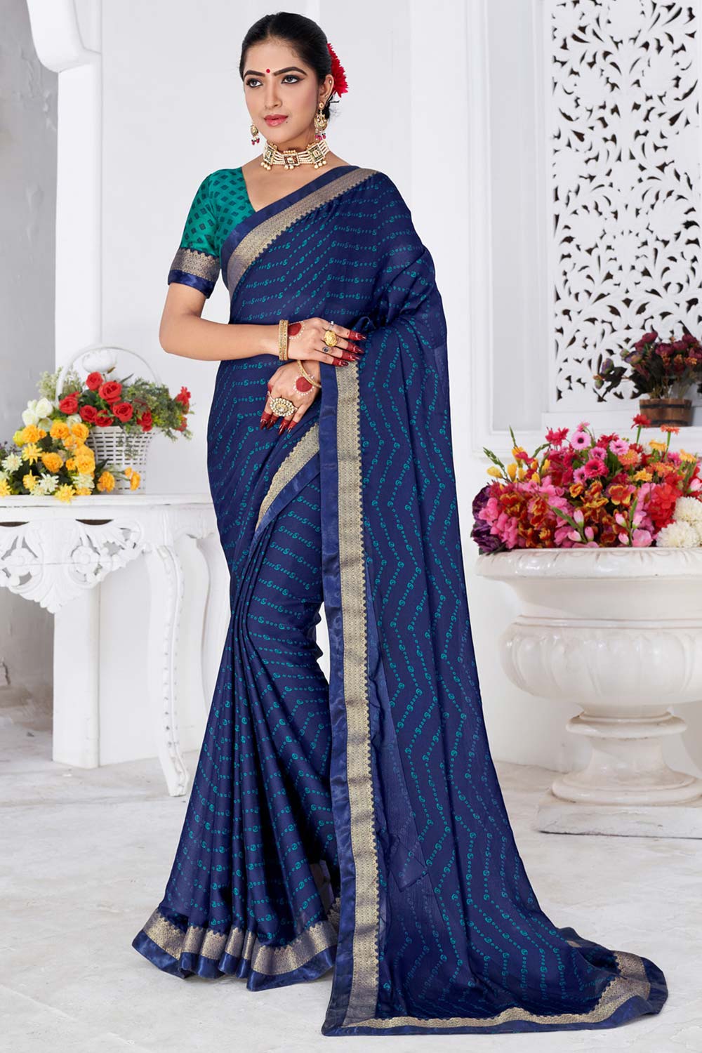 Betty Blue Chiffon Printed Designer One Minute  Saree