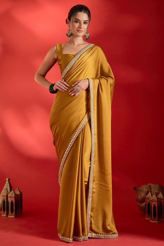Tanya Mustard Satin Solid With Mirror Border Ready To Wear Saree