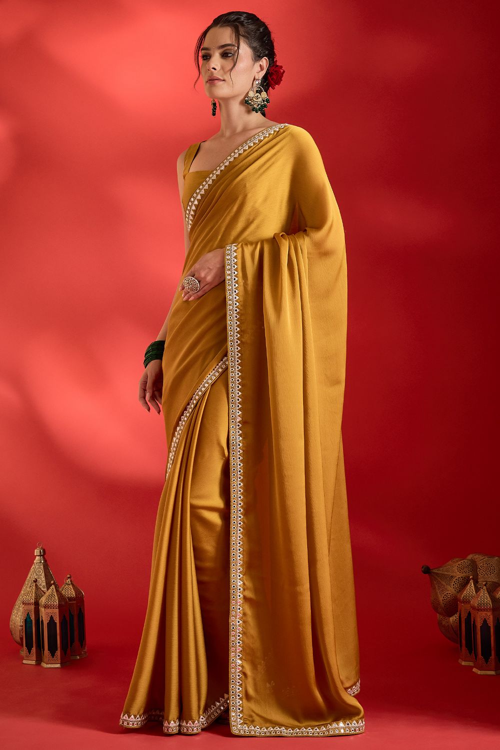 Tanya Mustard Satin Solid With Mirror Border Ready To Wear Saree