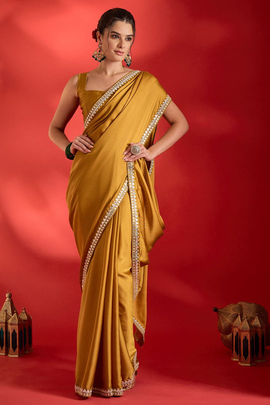 Tanya Mustard Satin Solid With Mirror Border Ready To Wear Saree