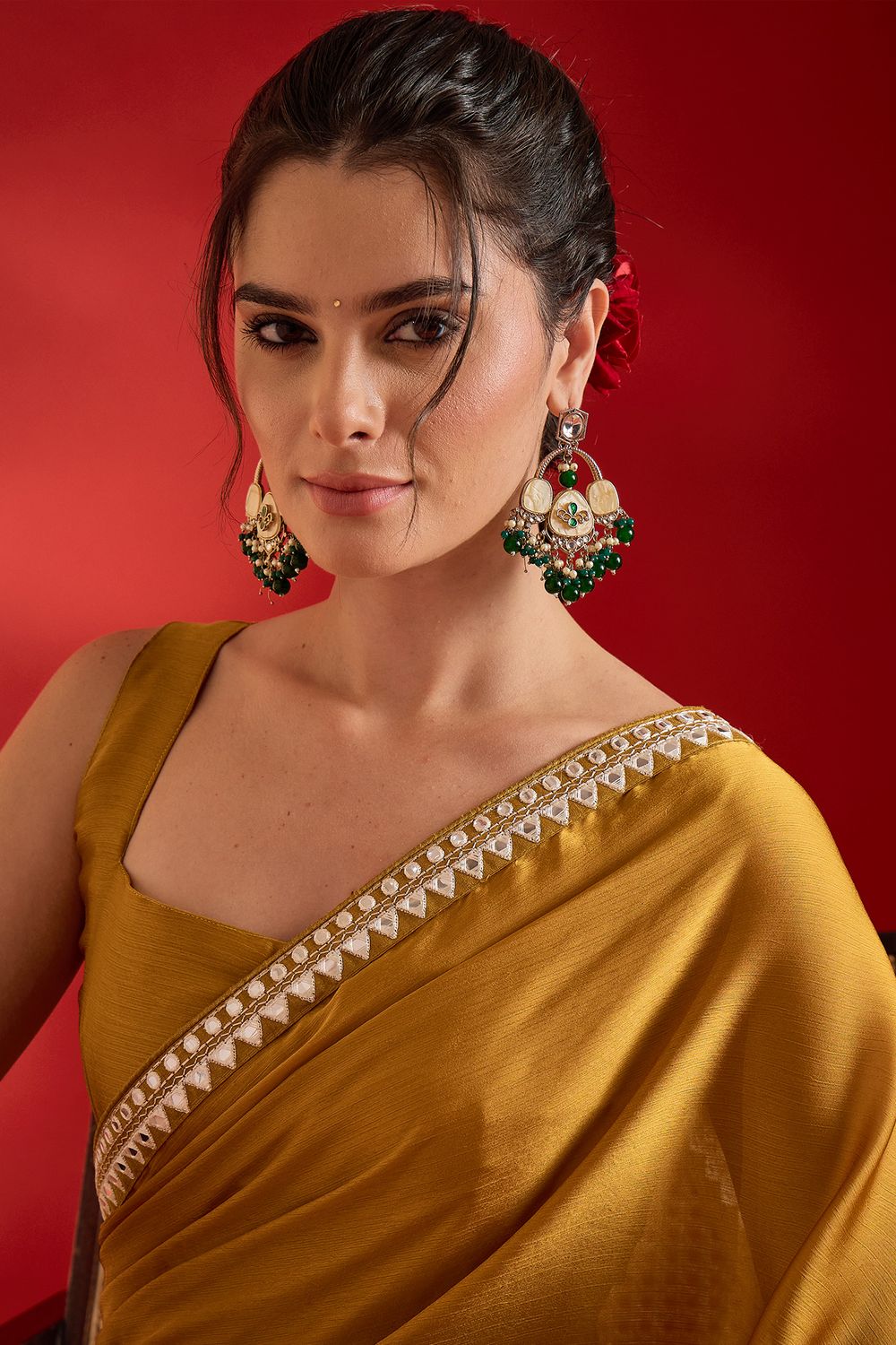 Tanya Mustard Satin Solid With Mirror Border Ready To Wear Saree