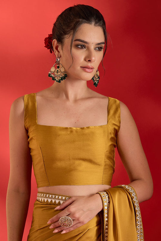 Tanya Mustard Satin Solid With Mirror Border Ready To Wear Saree