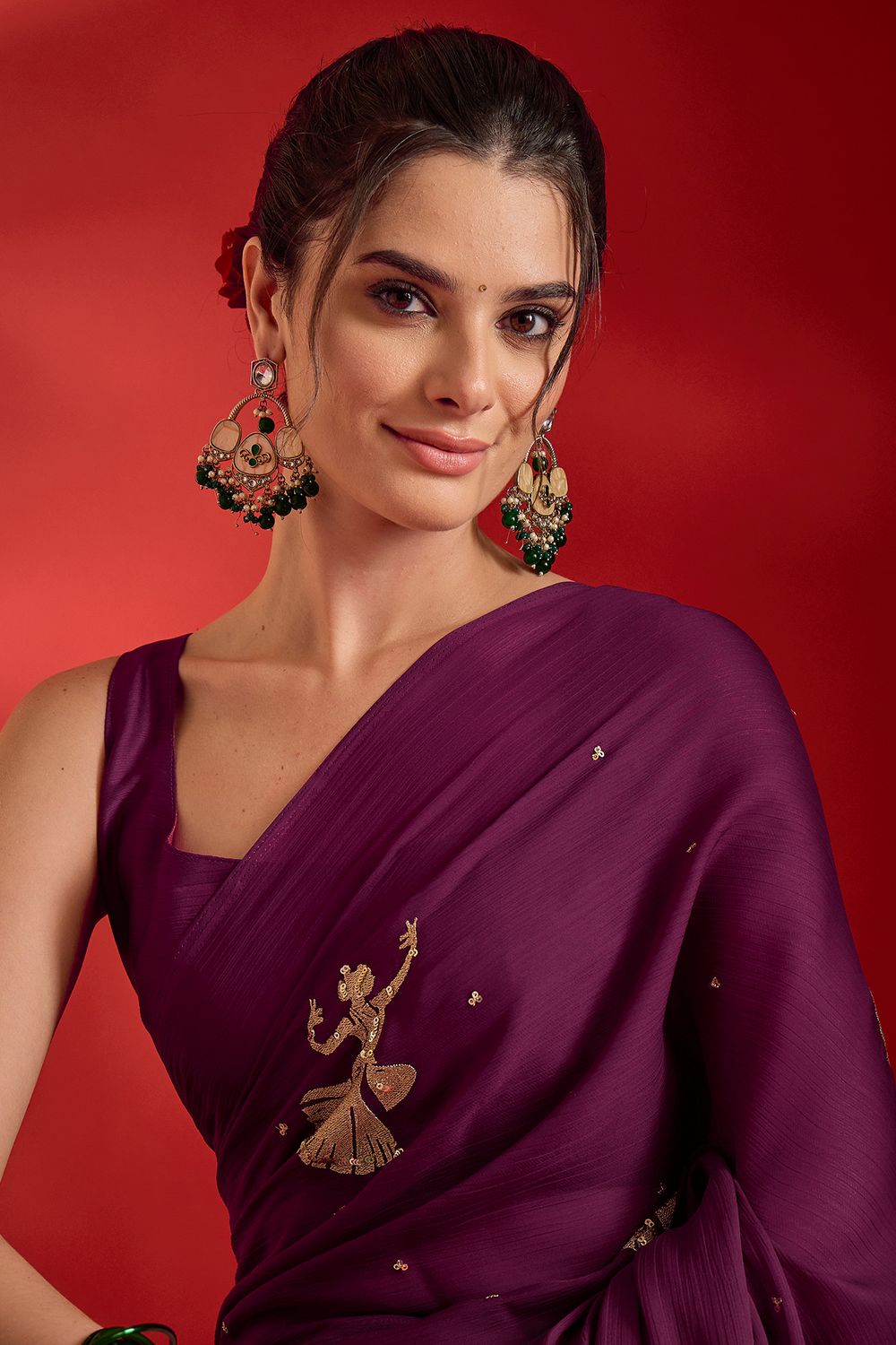 Sensa Wine Satin Sequins With Embroidered Ready To Wear Saree