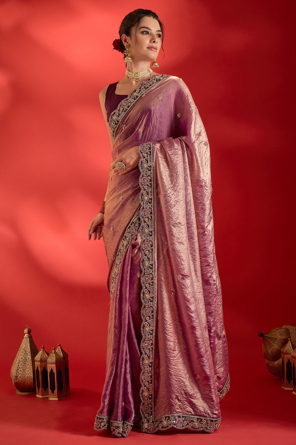 Sensa Purple Satin Sequins With Beads Embellished Ready To Wear Saree