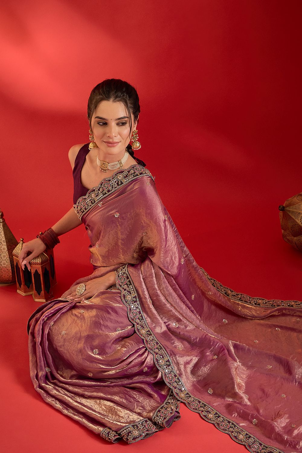 Sensa Purple Satin Sequins With Beads Embellished Ready To Wear Saree