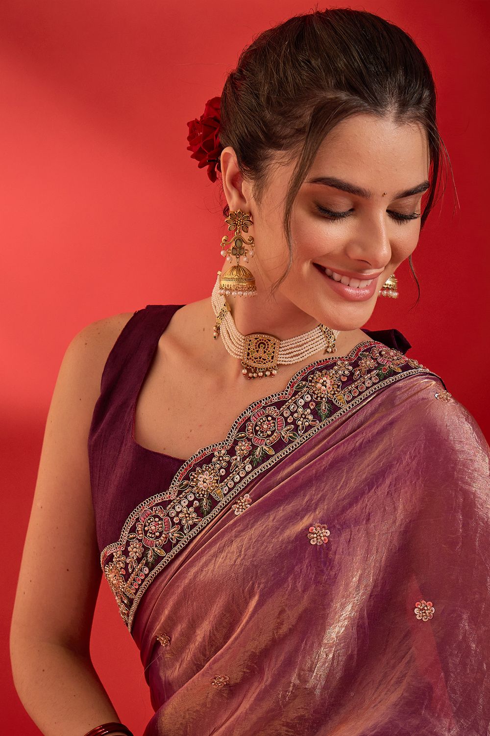 Sensa Purple Satin Sequins With Beads Embellished Ready To Wear Saree