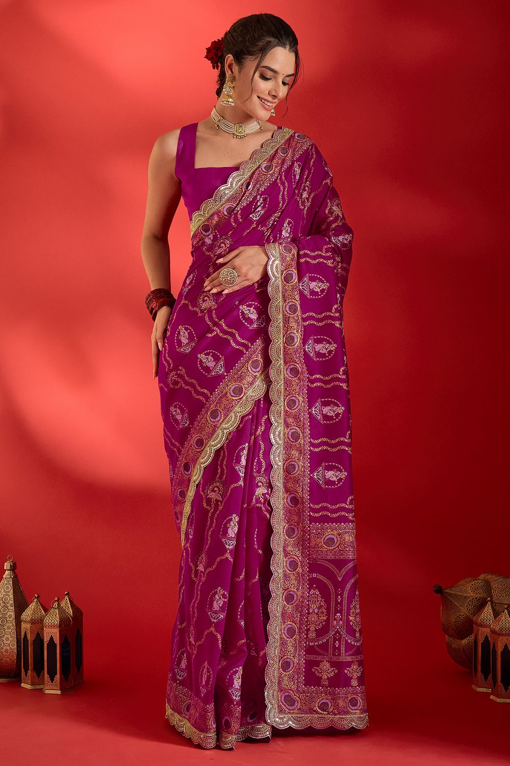 Chyna Pink Vichitra Silk Embroidered Ready To Wear Saree