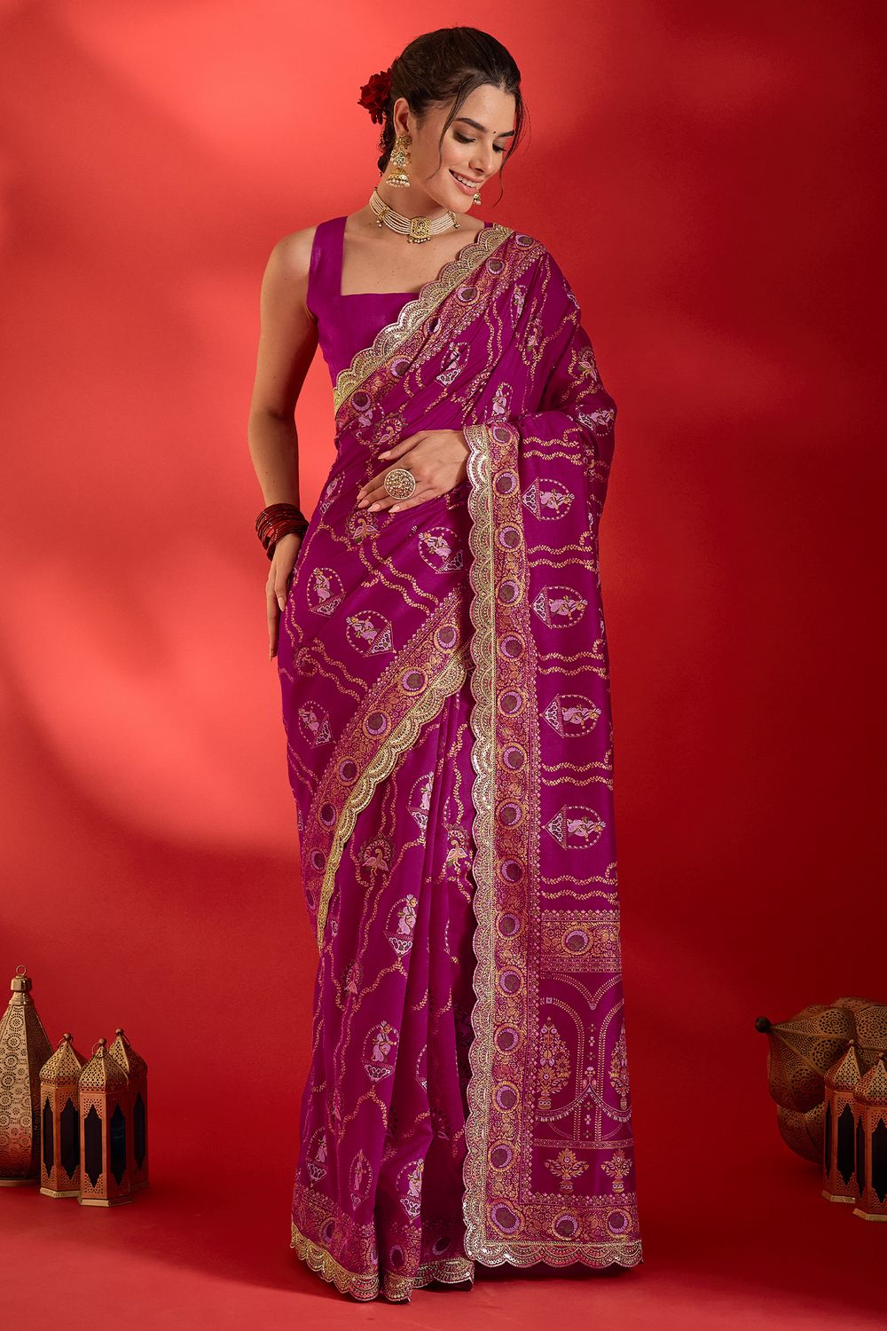 Chyna Pink Vichitra Silk Embroidered Ready To Wear Saree