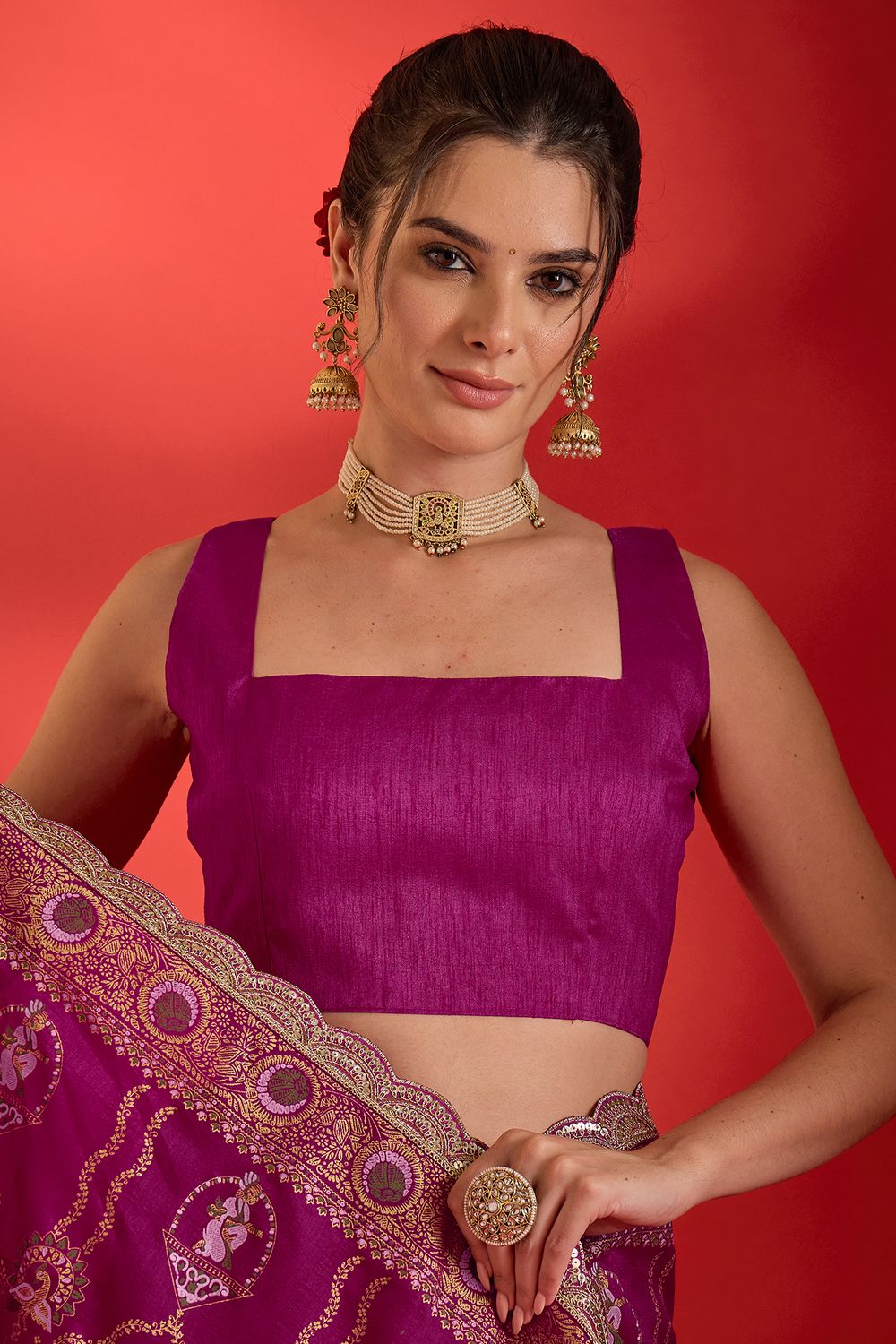 Chyna Pink Vichitra Silk Embroidered Ready To Wear Saree