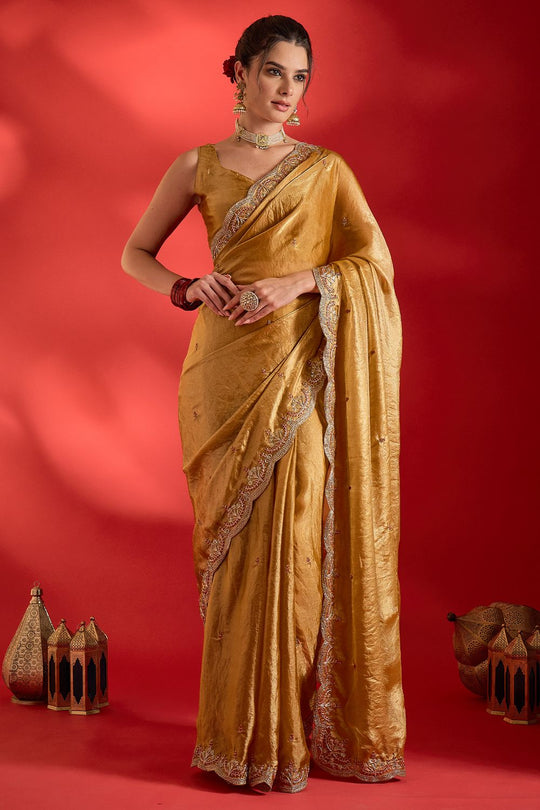 Sensa Mustard Satin Sequins With Beads Embellished Ready To Wear Saree