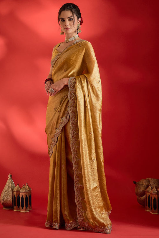 Sensa Mustard Satin Sequins With Beads Embellished Ready To Wear Saree