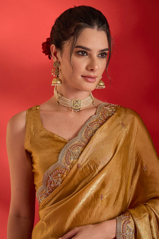 Sensa Mustard Satin Sequins With Beads Embellished Ready To Wear Saree