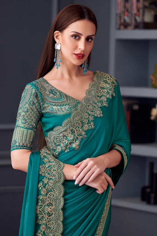Jossette Teal Chiffon Embellished Designer Party Wear Ready to wear saree