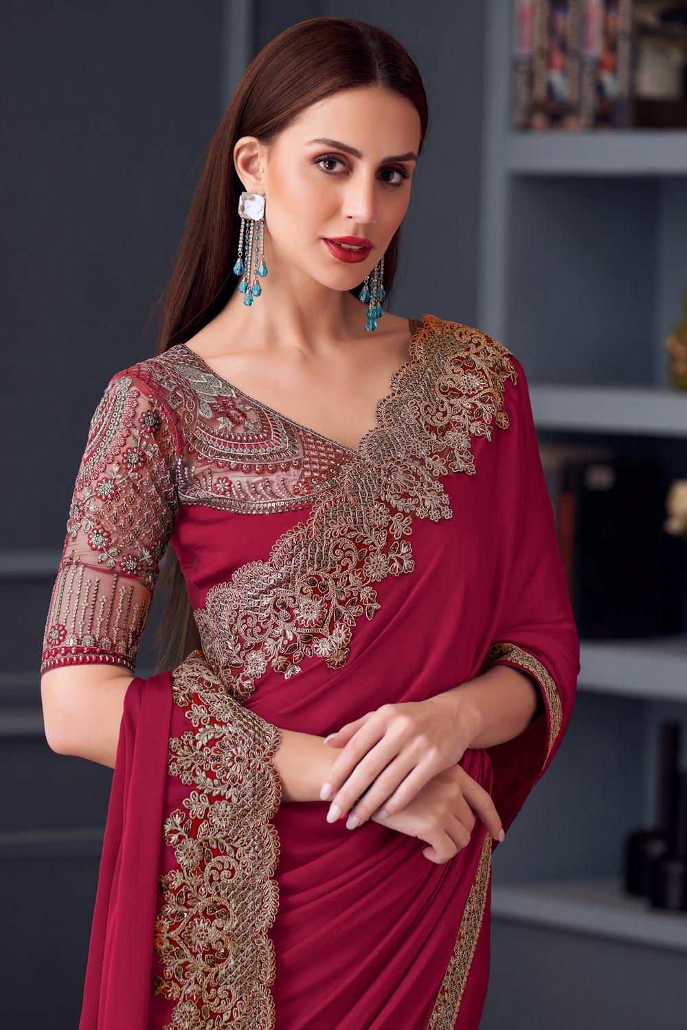 Jossette Maroon Chiffon Embellished Designer Party Wear Ready to wear saree
