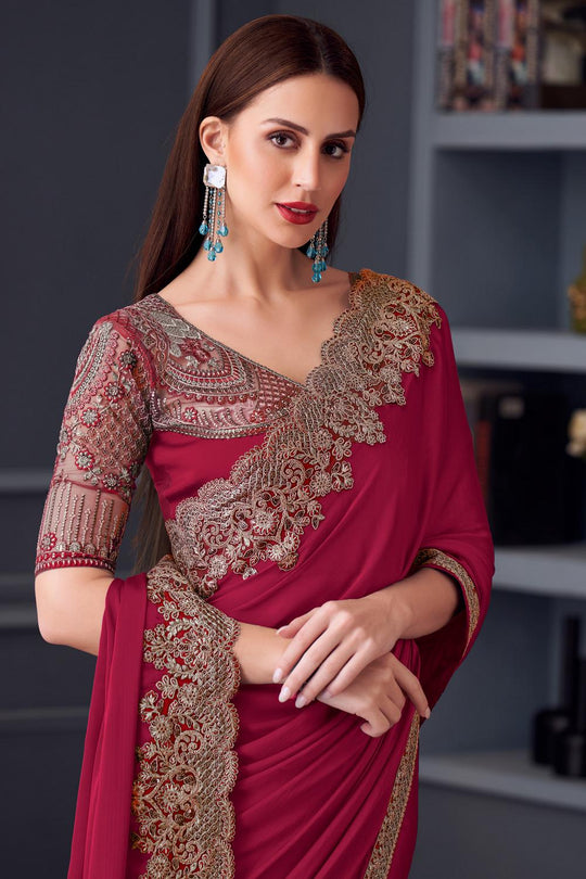 Jossette Maroon Chiffon Embellished Designer Party Wear Ready to wear saree