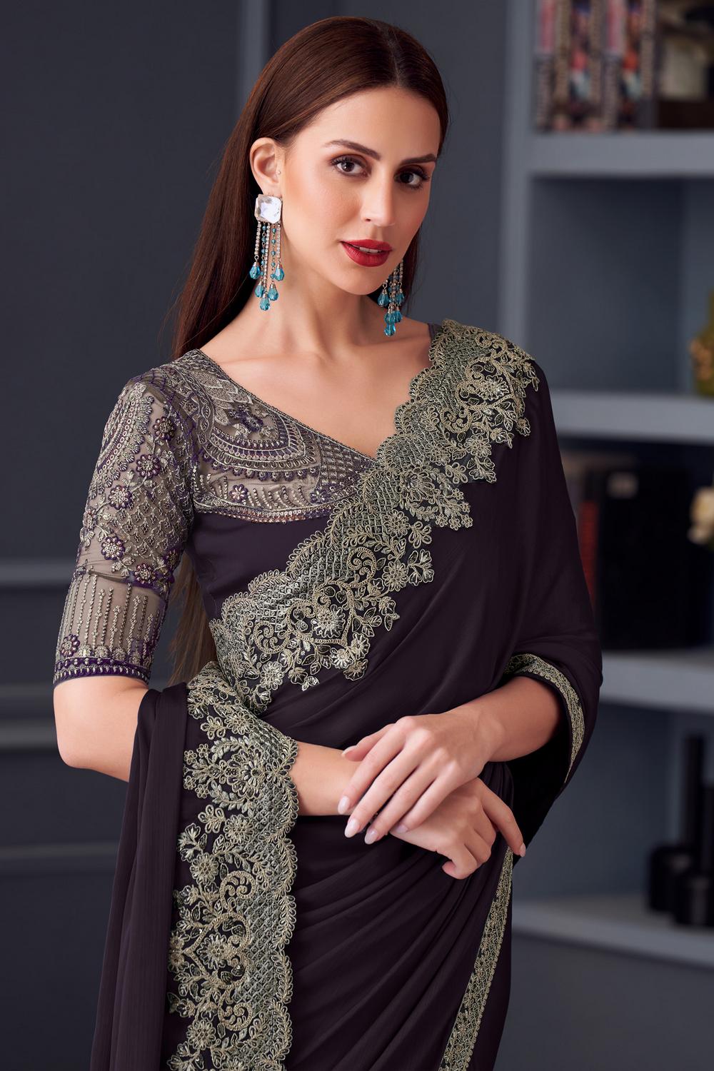 Jossette Dark Violet Chiffon Embellished Designer Party Wear Ready to Wear Saree