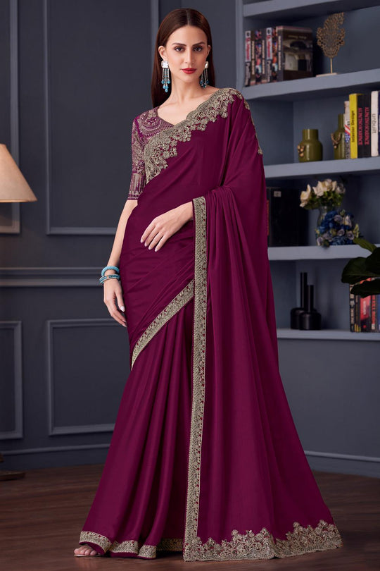 Jossette Wine Chiffon Embellished Border Work Ready to Wear Saree