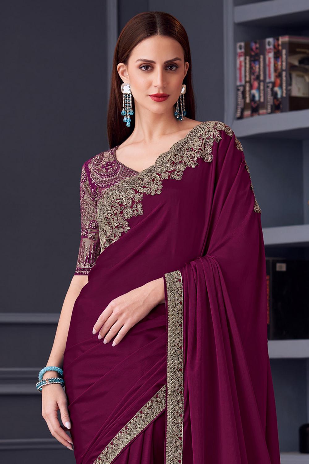 Jossette Wine Chiffon Embellished Border Work Ready to Wear Saree